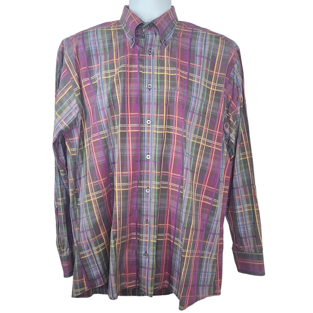 Pinehurst Dress Shirt Mens Large Button Down Rainbow Plaid Purple Blue Colorful